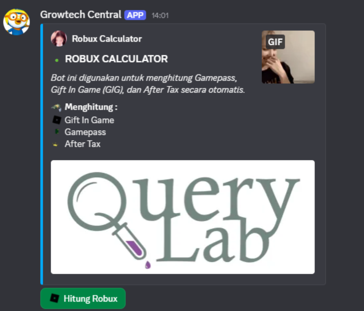 Tampilan bot Kalkulator Robux