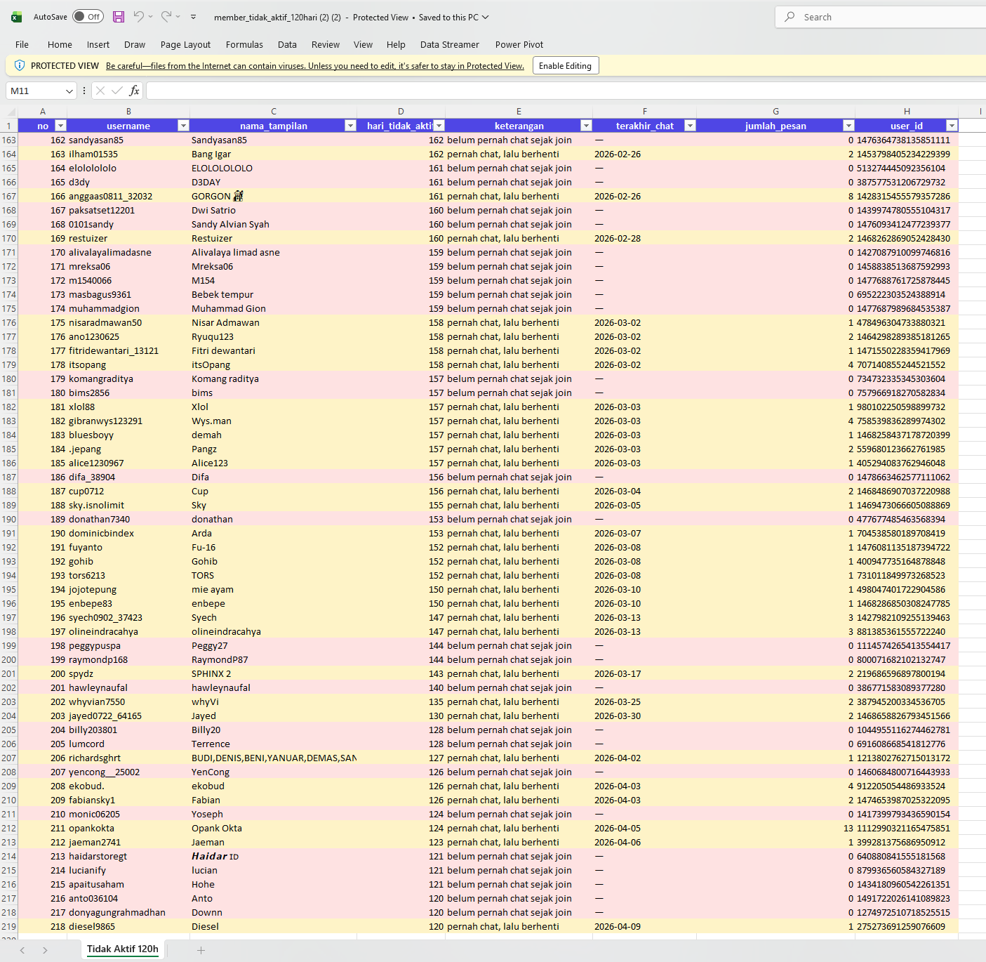 Screenshot rekap Excel member tidak aktif